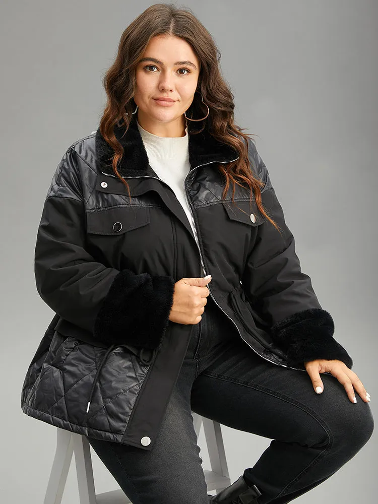 Patchwork Fuzzy Drawstring Pocket Quilted Coat sold by Bloomchic