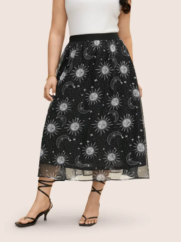 Moon & Star Print Mesh Pocket Skirt sold by Bloomchic