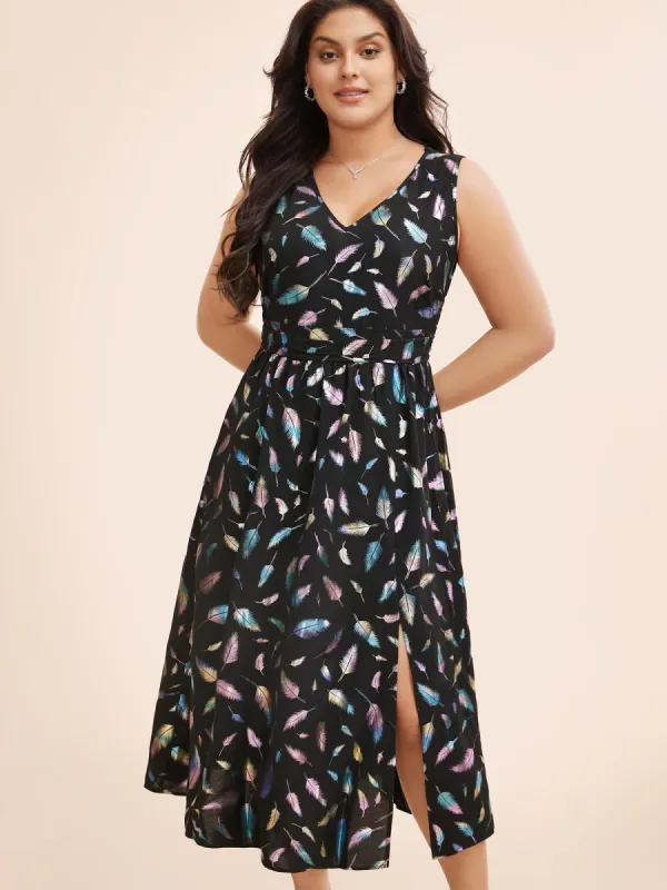 Glitter Feather Print V Neck Dress sold by Bloomchic