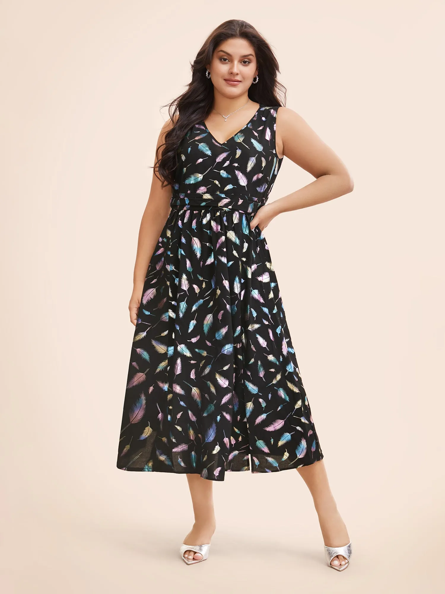 Glitter Feather Print V Neck Dress sold by Bloomchic product image thumbnail 2