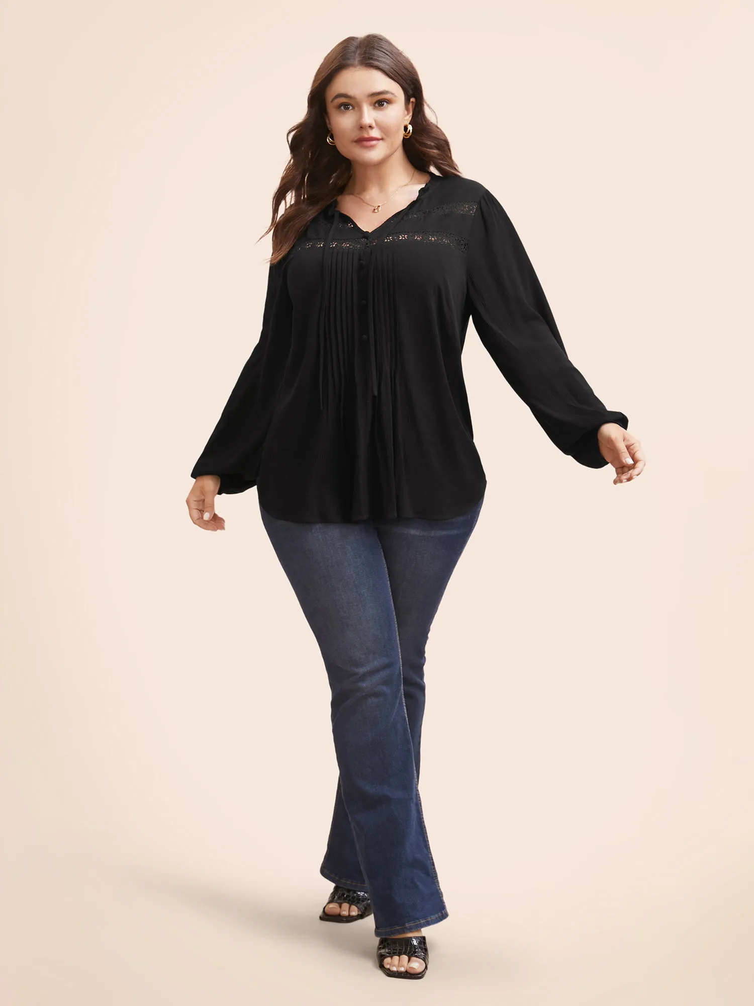 Lace Patchwork Pleated Ruffles Blouse sold by Bloomchic product image thumbnail 2