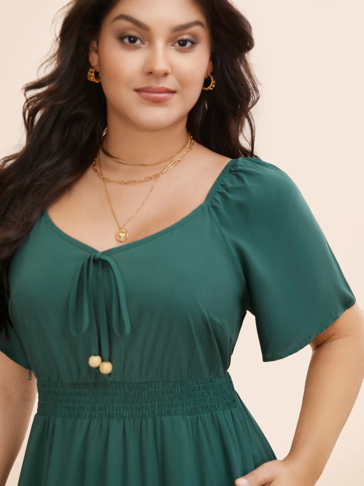 Heart Neckline Shirred Ruffle Layered Hem Dress sold by Bloomchic product image thumbnail 4