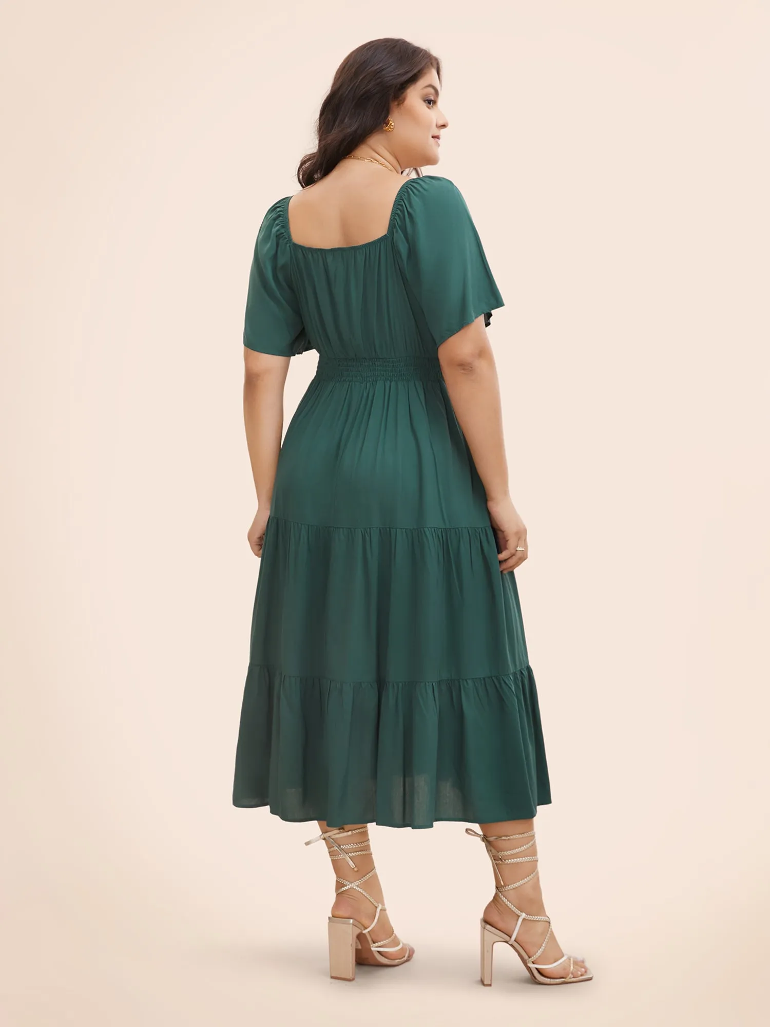 Heart Neckline Shirred Ruffle Layered Hem Dress sold by Bloomchic product image thumbnail 3