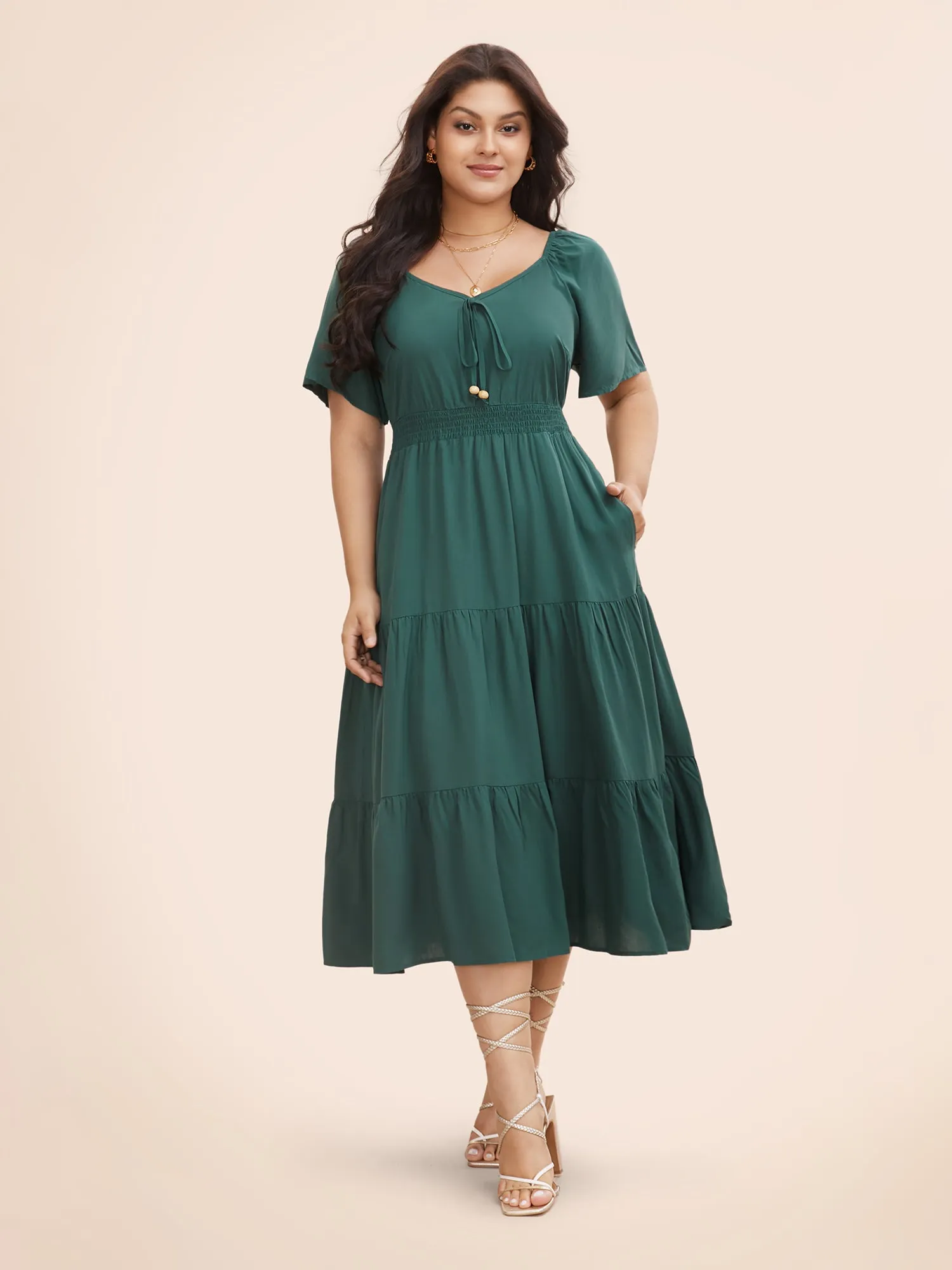 Heart Neckline Shirred Ruffle Layered Hem Dress sold by Bloomchic