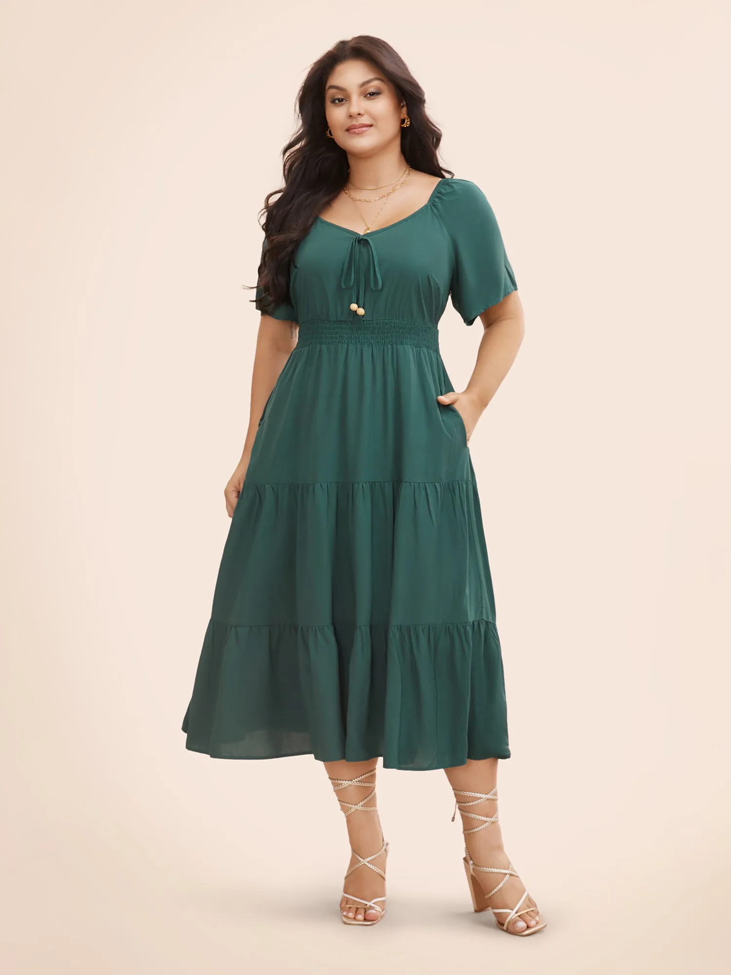 Heart Neckline Shirred Ruffle Layered Hem Dress sold by Bloomchic product image thumbnail 2