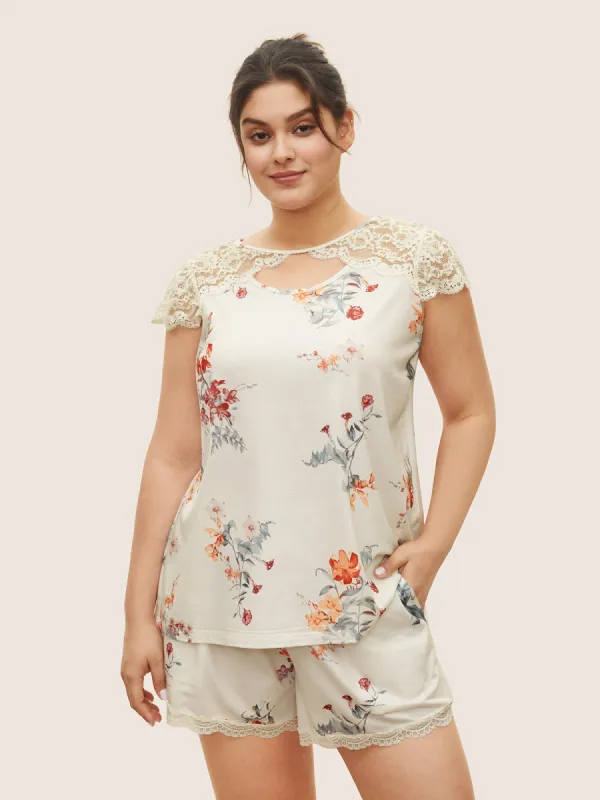 Plants Lace Patchwork Keyhole Sleep Top sold by Bloomchic