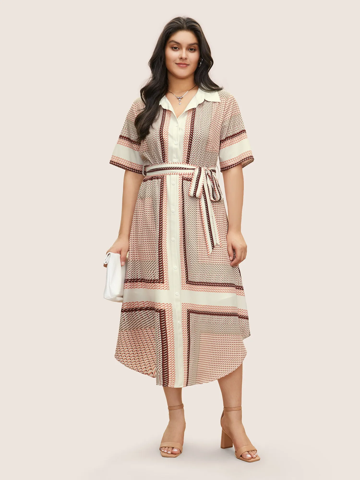Geo Graphic Belted Curved Hem Shirt Collar Dress sold by Bloomchic