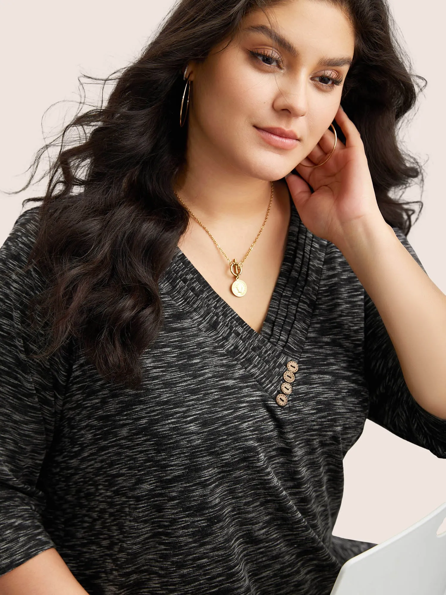 Heather Pleated Button Detail T-shirt sold by Bloomchic product image thumbnail 3