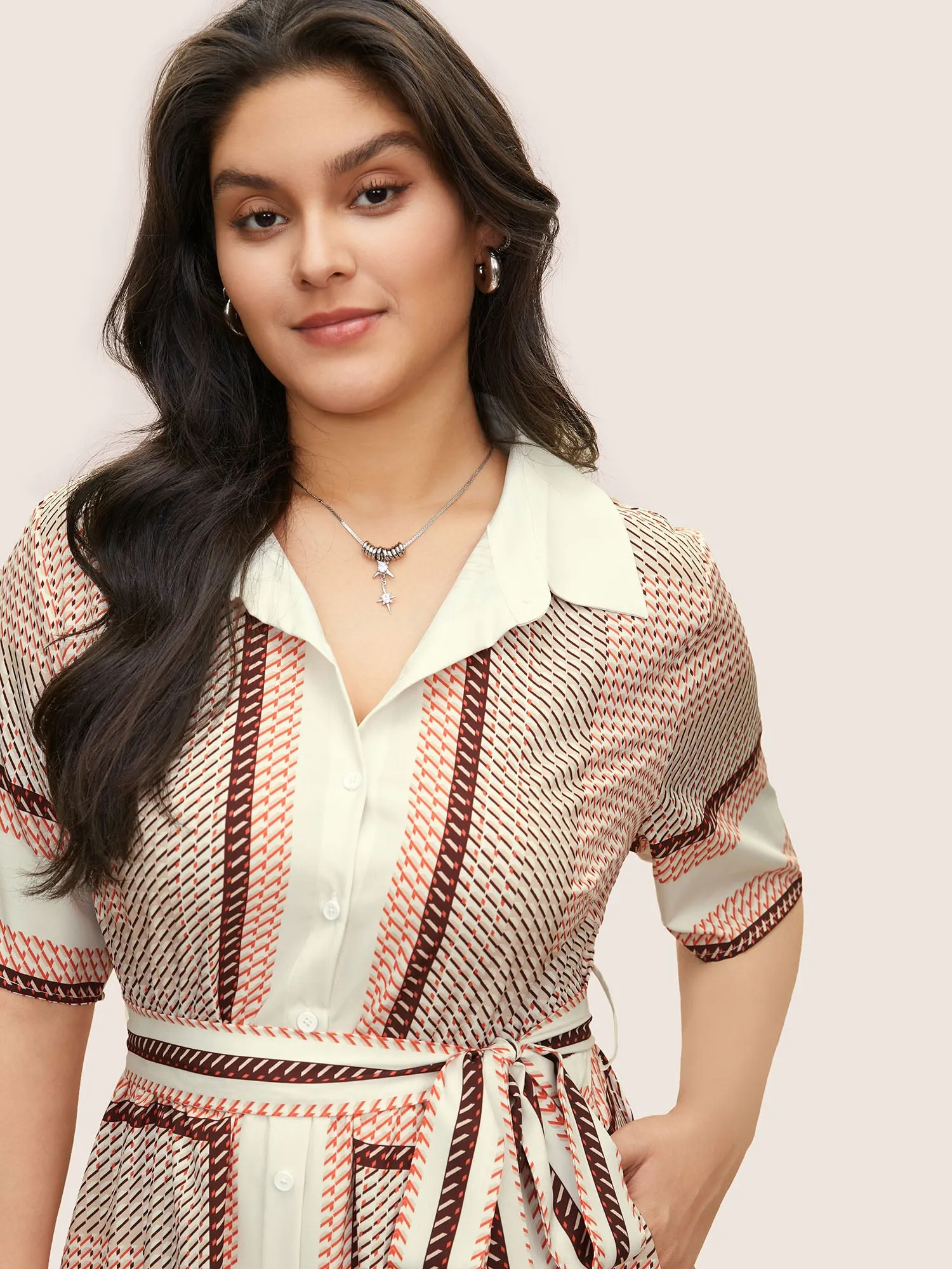 Geo Graphic Belted Curved Hem Shirt Collar Dress sold by Bloomchic product image thumbnail 4