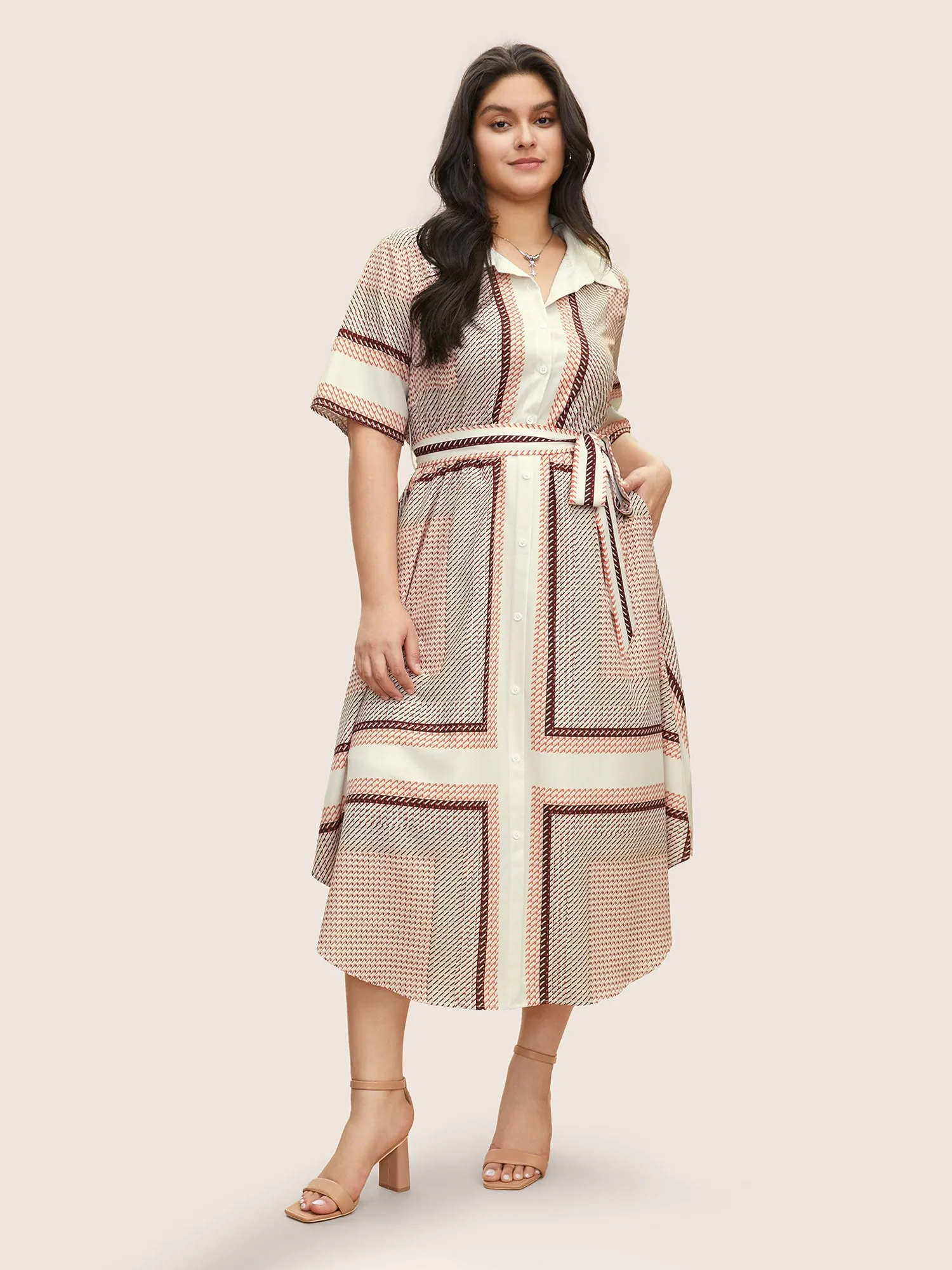 Geo Graphic Belted Curved Hem Shirt Collar Dress sold by Bloomchic product image thumbnail 2