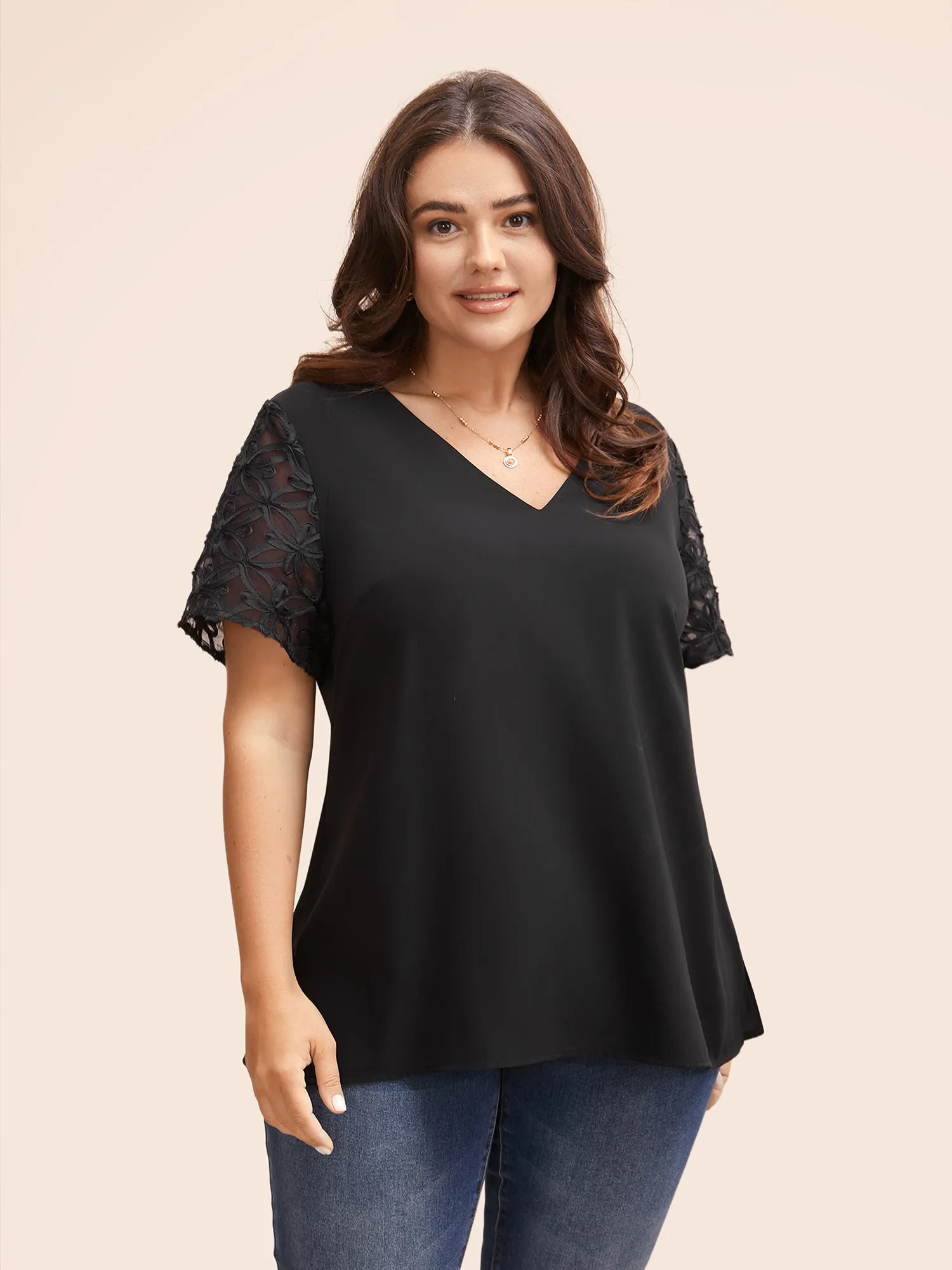 V Neck Embroidered Mesh Patchwork Blouse sold by Bloomchic