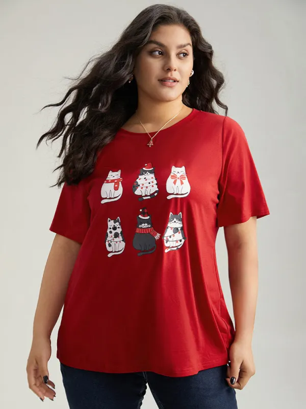 Christmas Cat Print Round Neck T-shirt sold by Bloomchic