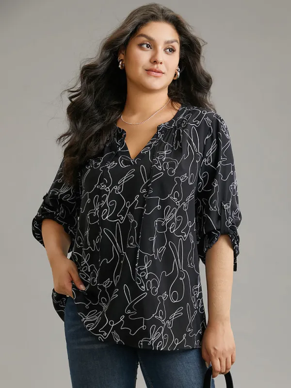 Rabbits Line Knot Neck Tab Sleeve Blouse sold by Bloomchic