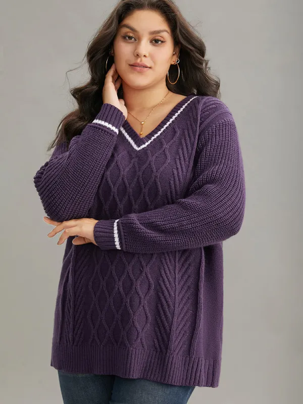 Plain Texture Contrast V Neck Cable Knit Pullover sold by Bloomchic