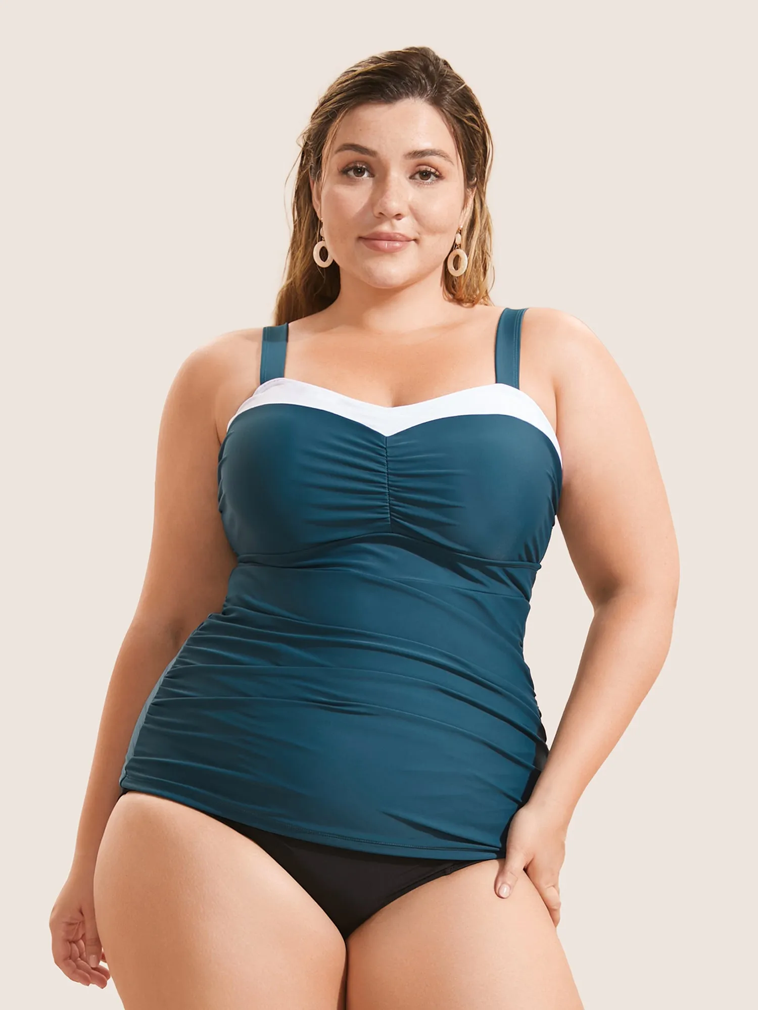 Solid Patchwork Ruched Adjustable Straps Swim Top sold by Bloomchic