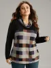 Plaid Patchwork Contrast Cowl Neck T-shirt sold by Bloomchic