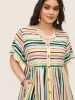 Colored Stripes Button Detail Patchwork Ruffle Sleeve Dress sold by Bloomchic