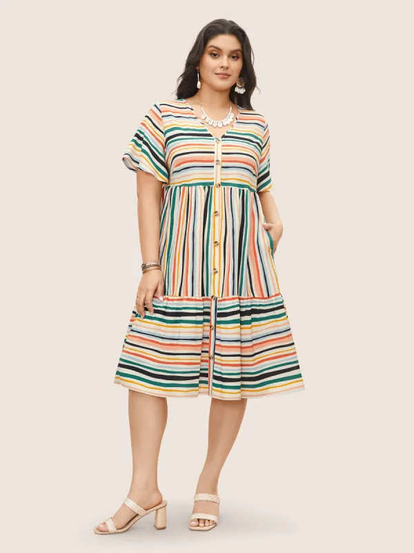 Colored Stripes Button Detail Patchwork Ruffle Sleeve Dress sold by Bloomchic