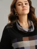 Plaid Patchwork Contrast Cowl Neck T-shirt sold by Bloomchic