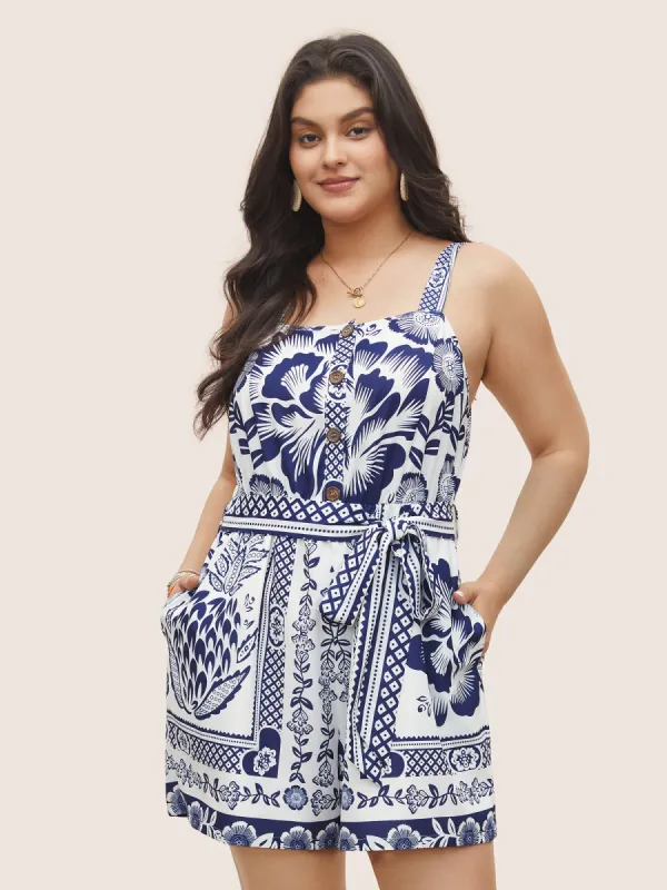 Boho Print Belted Button Detail Romper sold by Bloomchic