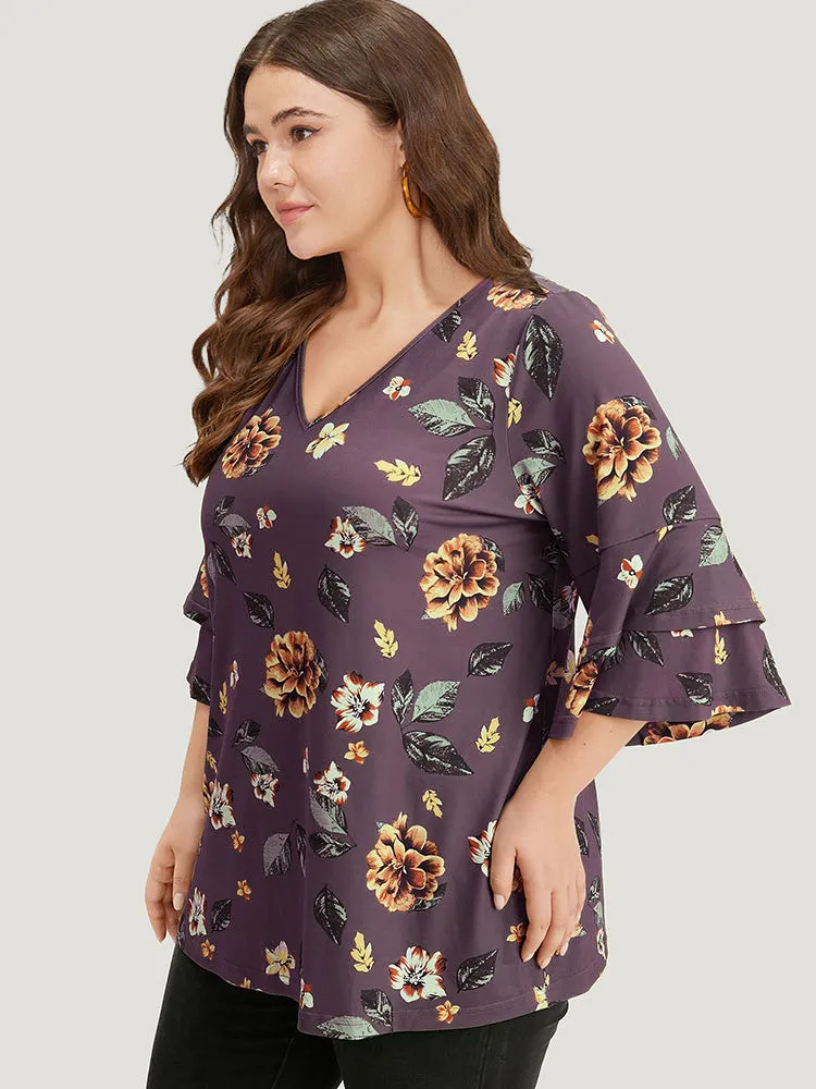 Floral Print V Neck Ruffle Layered Sleeve T-shirt sold by Bloomchic product image thumbnail 3