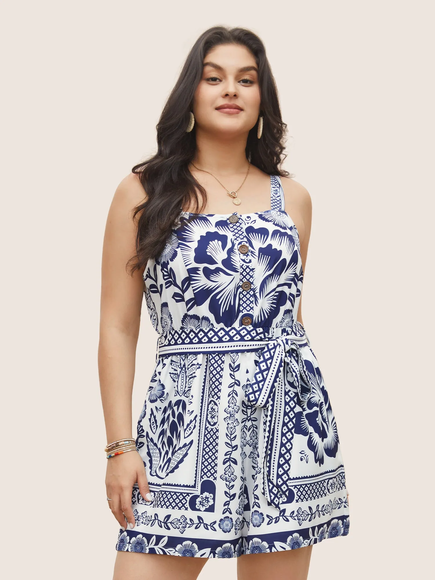 Boho Print Belted Button Detail Romper sold by Bloomchic product image thumbnail 2