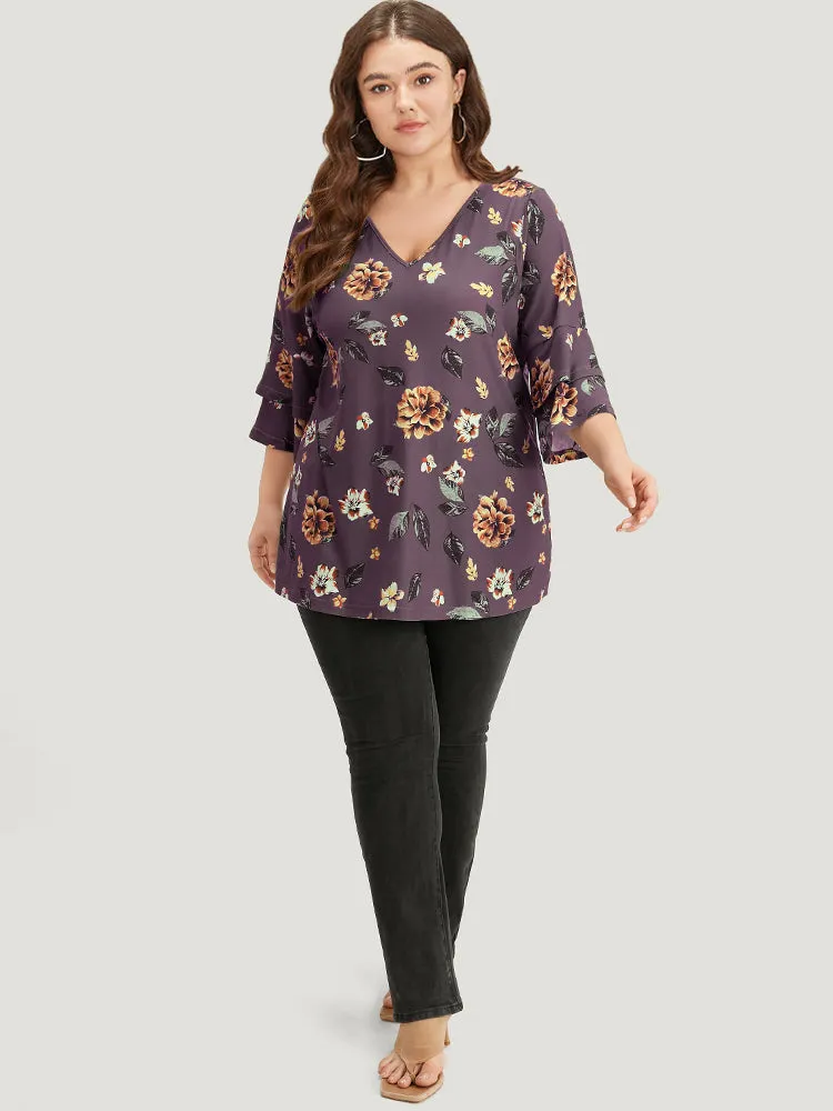 Floral Print V Neck Ruffle Layered Sleeve T-shirt sold by Bloomchic product image thumbnail 4