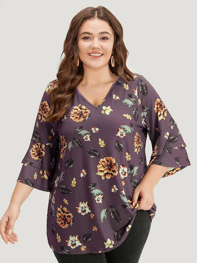 Floral Print V Neck Ruffle Layered Sleeve T-shirt sold by Bloomchic