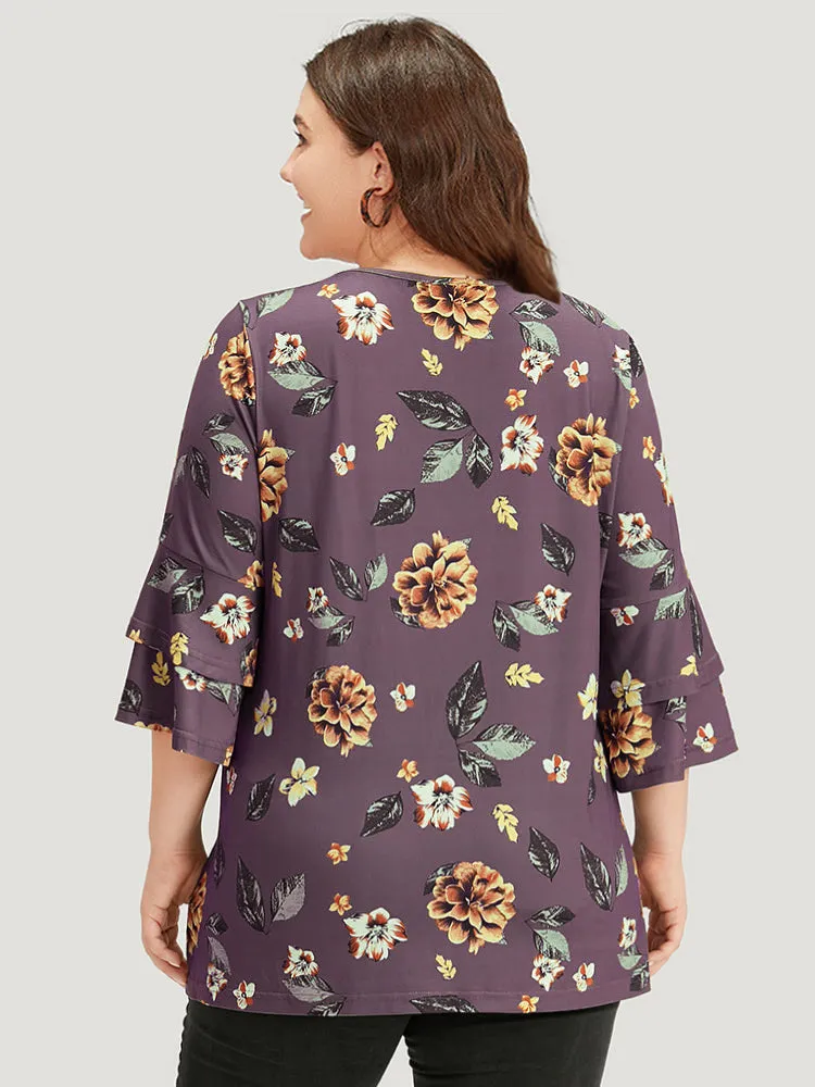 Floral Print V Neck Ruffle Layered Sleeve T-shirt sold by Bloomchic product image thumbnail 2