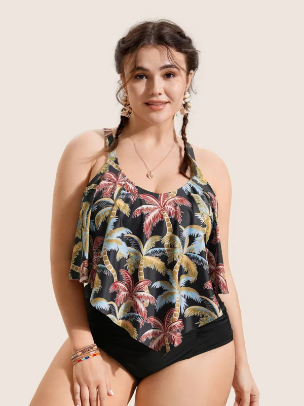 Tropical Coconut Tree Print Ruffle Trim Swim Top sold by Bloomchic