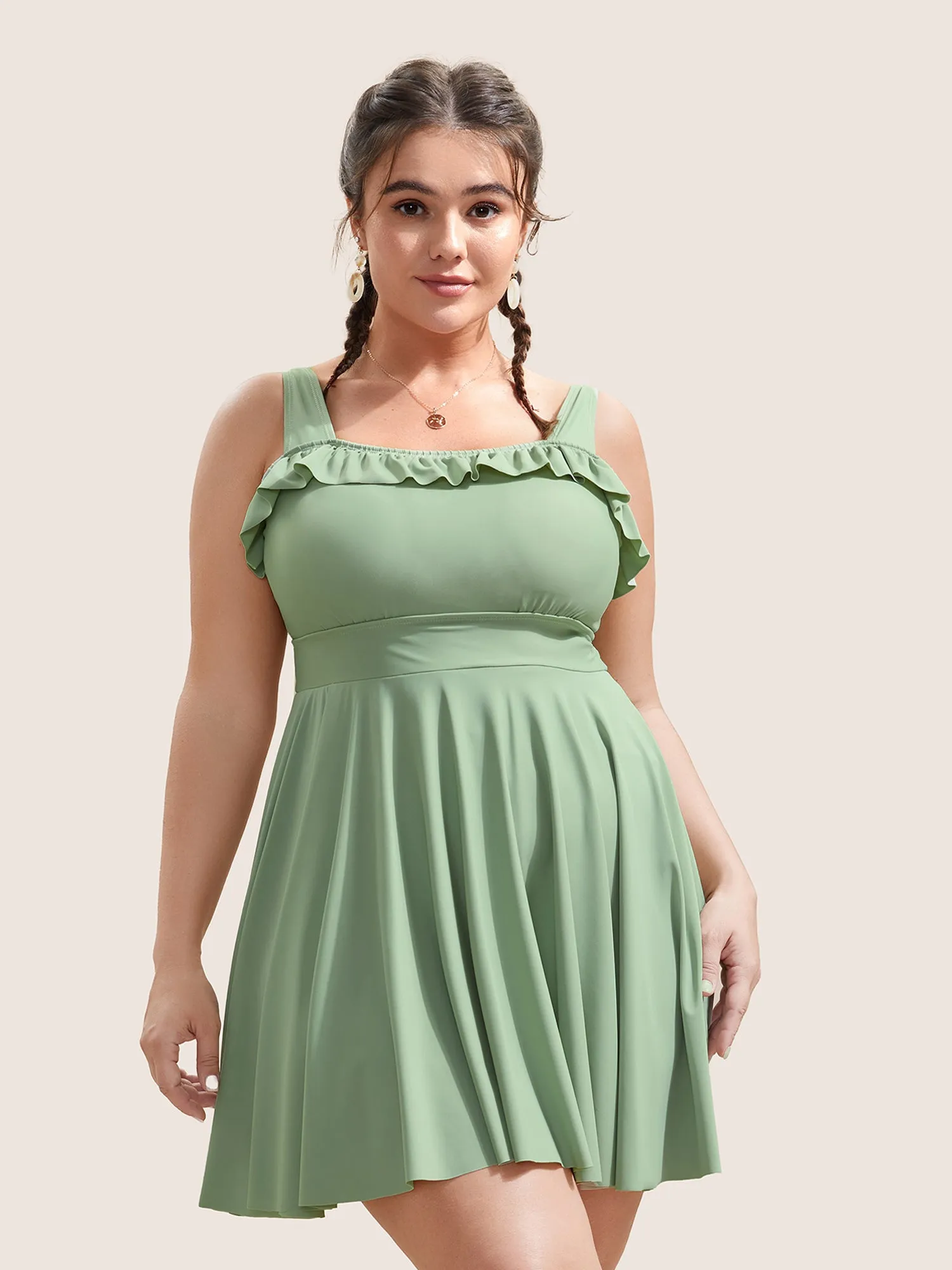 Solid Ruffles Gathered Adjustable Straps Swim Dress sold by Bloomchic