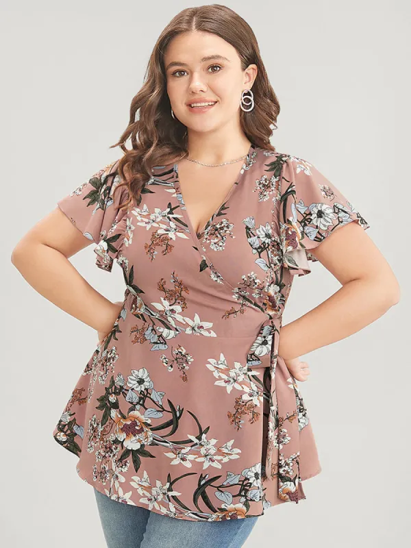 Floral Print Wrap Ruffle Sleeve Knot Side Blouse sold by Bloomchic
