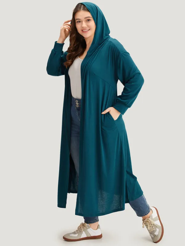 Tunic Plain Hooded Pocket Split Hem Kimono sold by Bloomchic