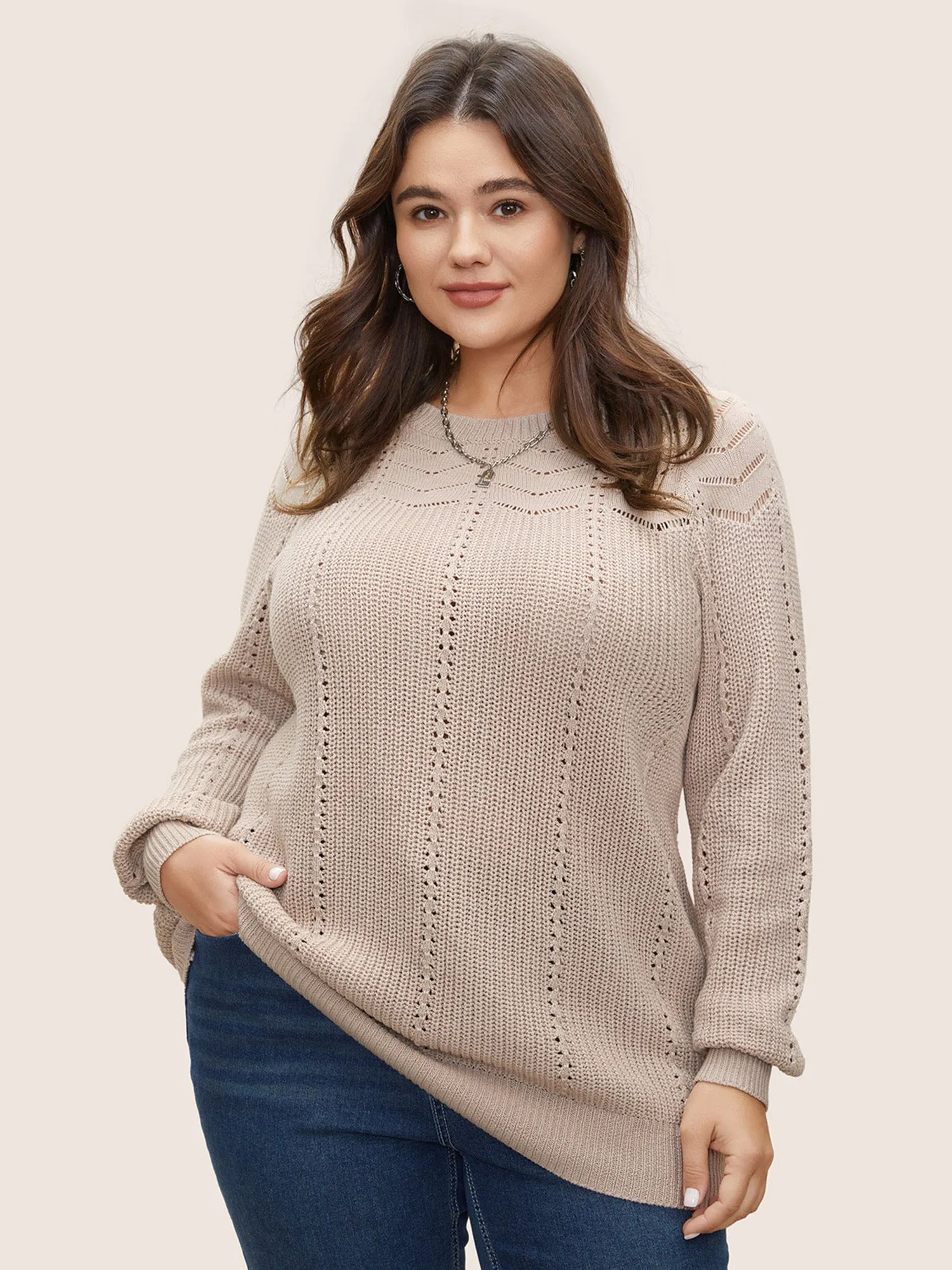 Plain Texture Raglan Sleeve Pointelle Knit Pullover sold by Bloomchic