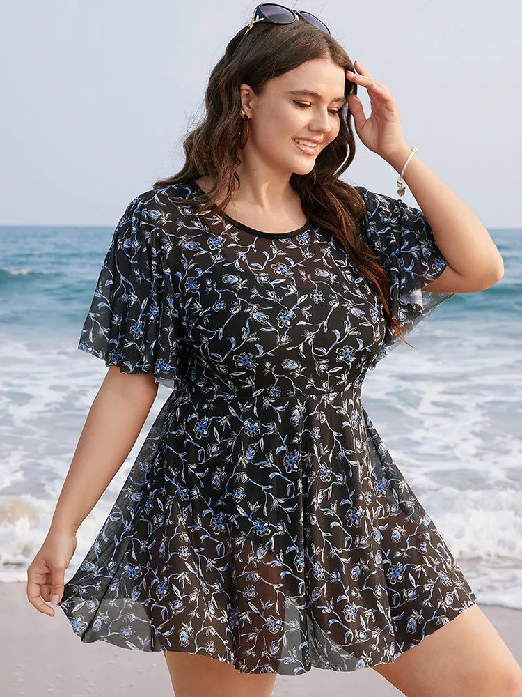 Ditsy Floral Ruffle Sleeve Cut Out Swim Dress sold by Bloomchic