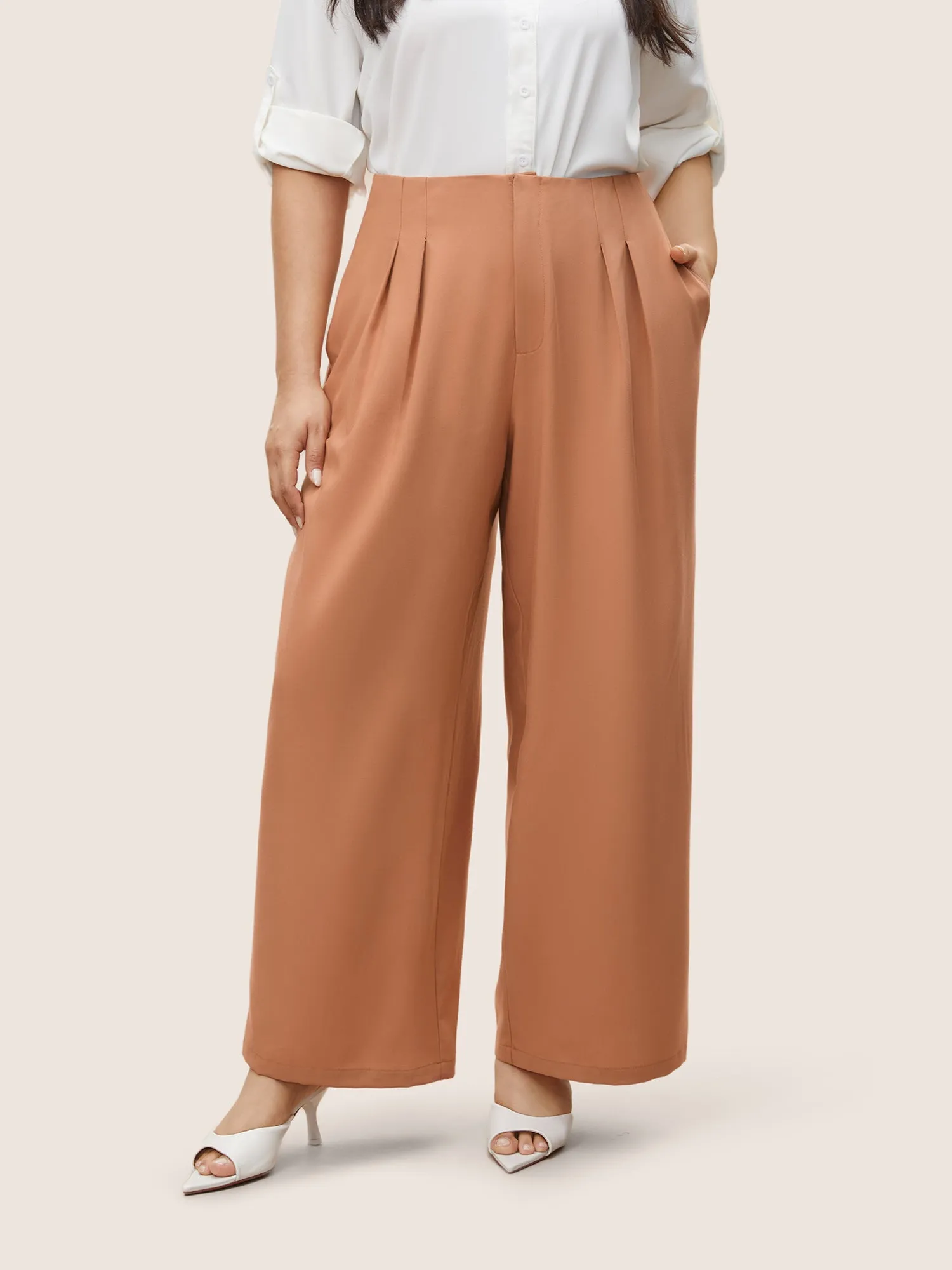 Plain Zipper Fly Pleated Wide Leg Pants sold by Bloomchic