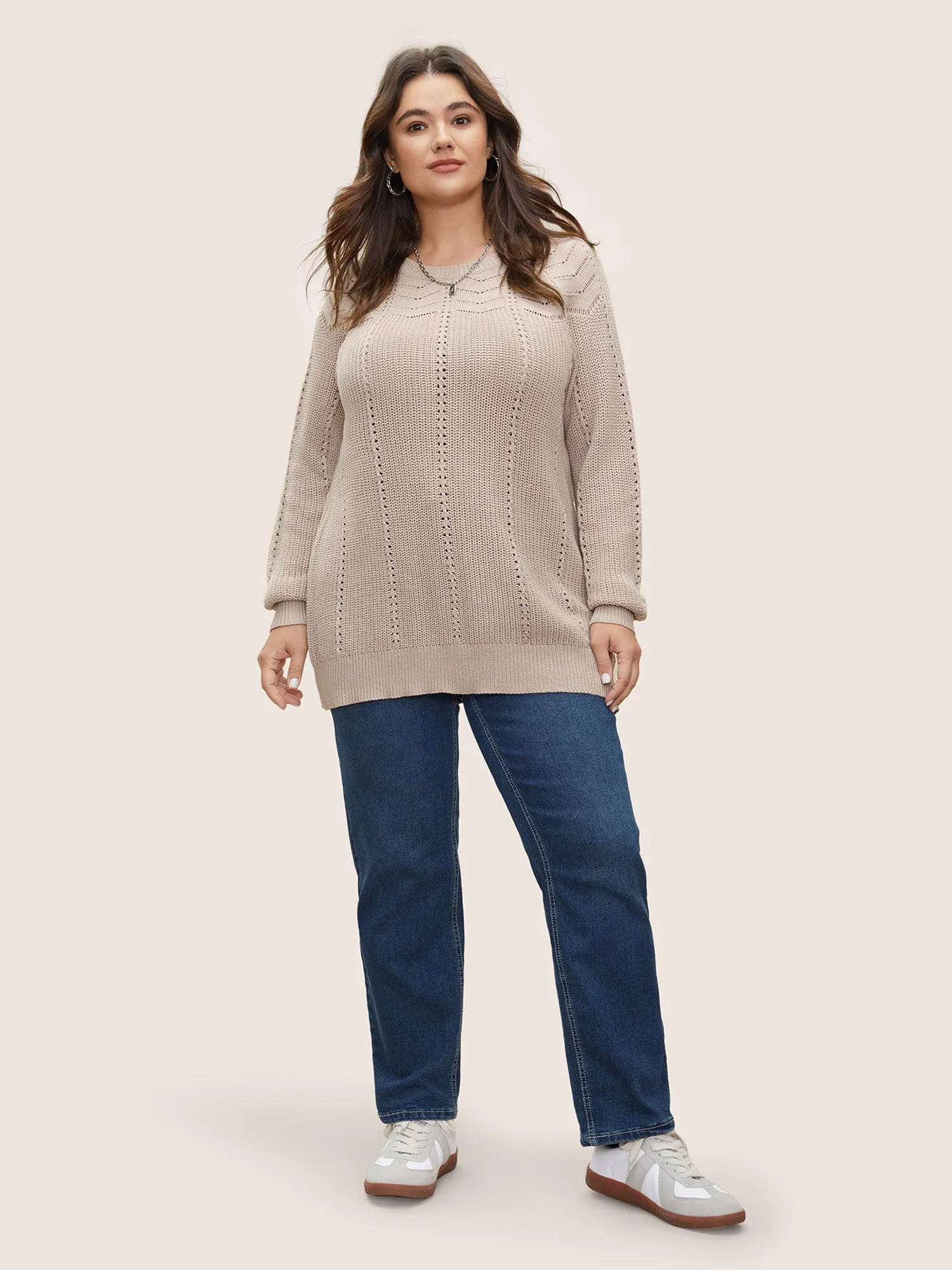 Plain Texture Raglan Sleeve Pointelle Knit Pullover sold by Bloomchic product image thumbnail 3