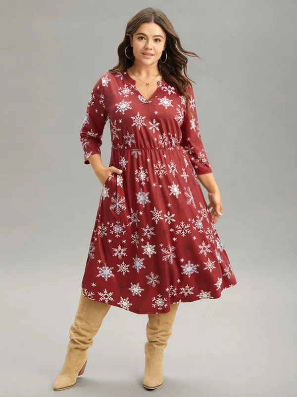 Christmas Snowflake Print Pocket Notched Dress sold by Bloomchic