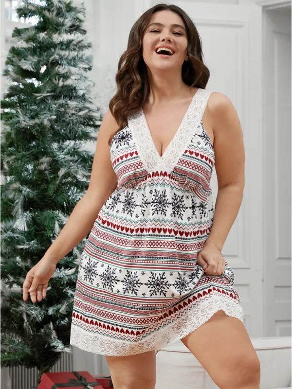 Snowflake Print Contrast Lace Backless Short Dress sold by Bloomchic