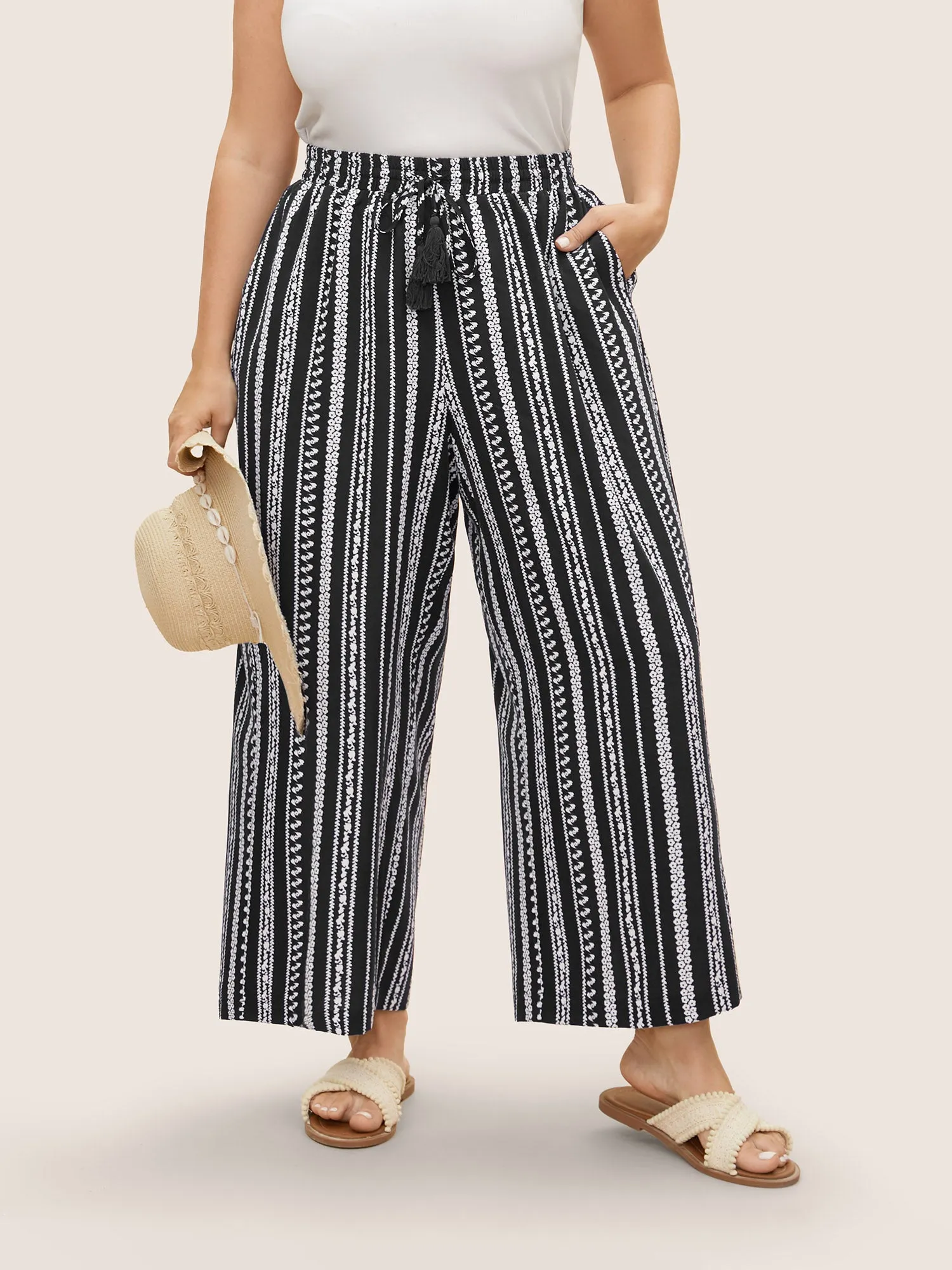 Bandana Striped Tassel Drawstring Wide Leg Pants sold by Bloomchic
