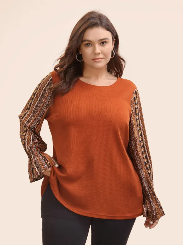 Bandana Patchwork Waffle Knit Lantern Sleeve T-shirt sold by Bloomchic