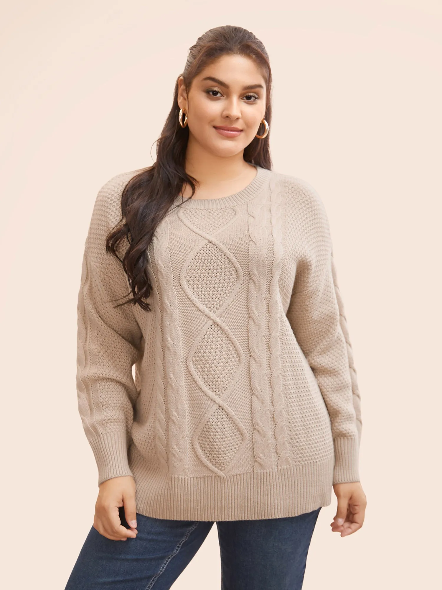 Round Neck Textured Cable Knit Pullover sold by Bloomchic