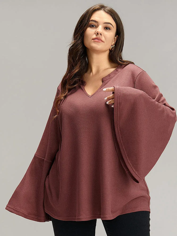 Solid Waffle Knit Notched Ruffle Sleeve T-shirt sold by Bloomchic