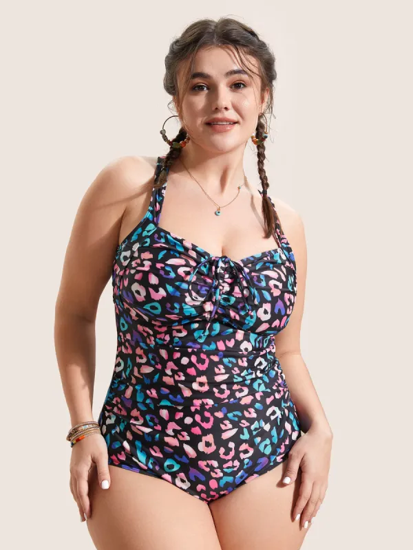 Leopard Print Gathered Knotted One Piece Swimsuit sold by Bloomchic