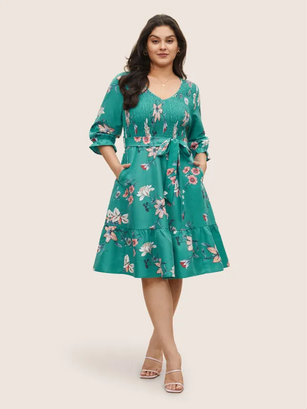 Floral Print Shirred Front Ruffle Sleeve Dress sold by Bloomchic