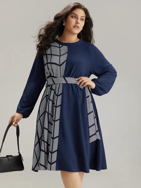 Polka Dot Geometric Patchwork Belted Dress sold by Bloomchic