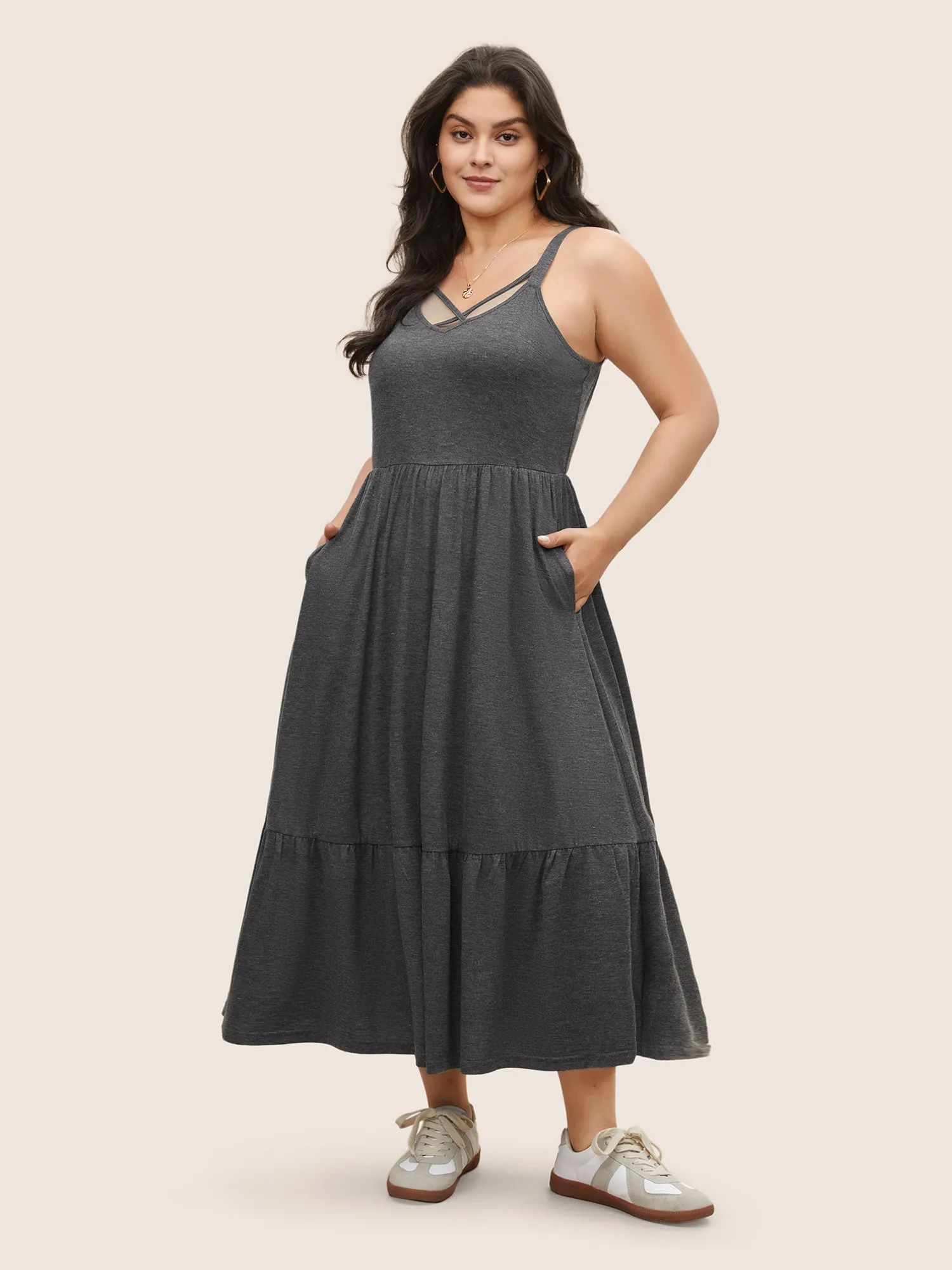 Solid Crisscross Patchwork Ruffle Hem Dress sold by Bloomchic product image thumbnail 2