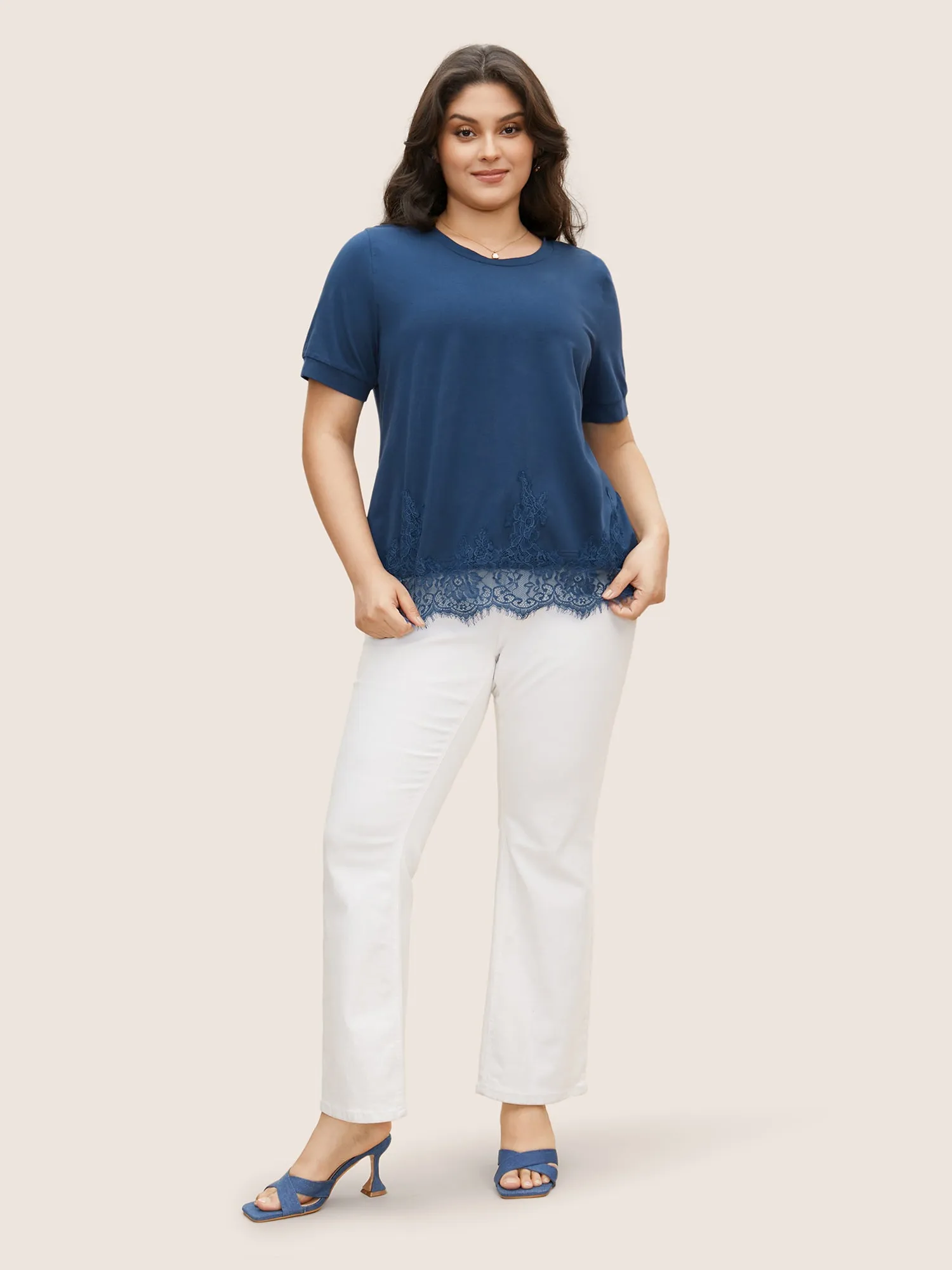 Round Neck Solid Lace Panel T-shirt sold by Bloomchic product image thumbnail 4