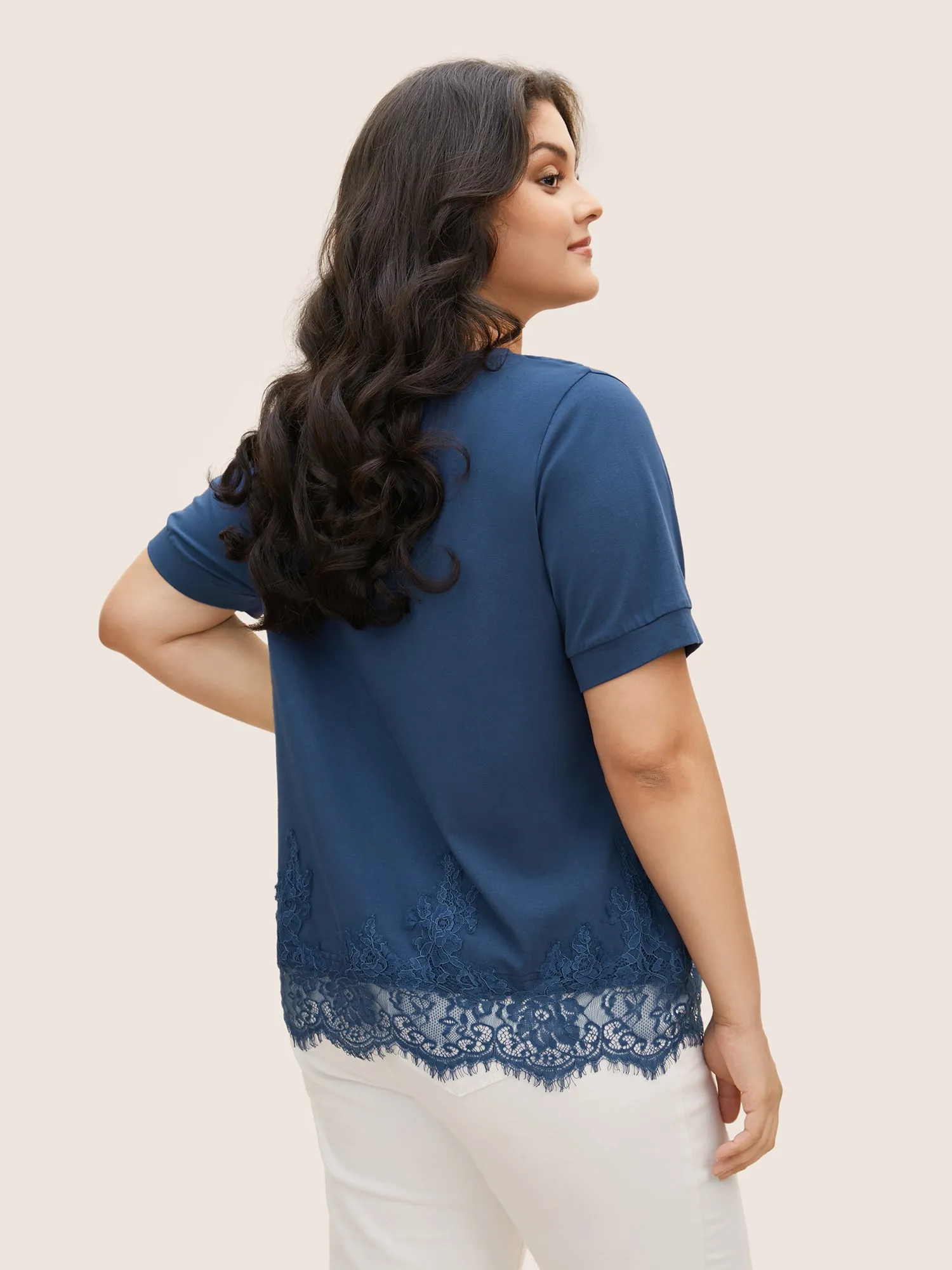 Round Neck Solid Lace Panel T-shirt sold by Bloomchic product image thumbnail 2