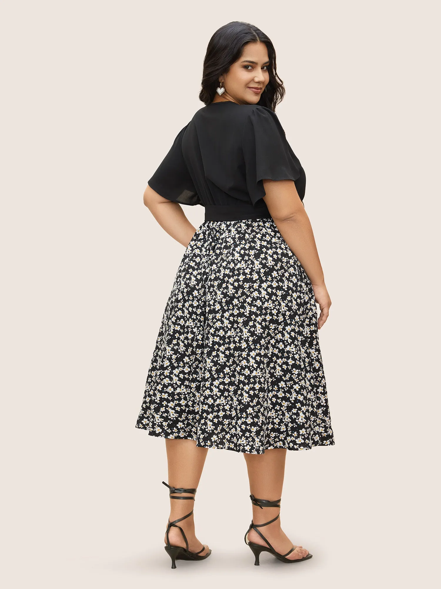 Ditsy Floral Patchwork Ruffle Sleeve Belted Dress sold by Bloomchic product image thumbnail 3